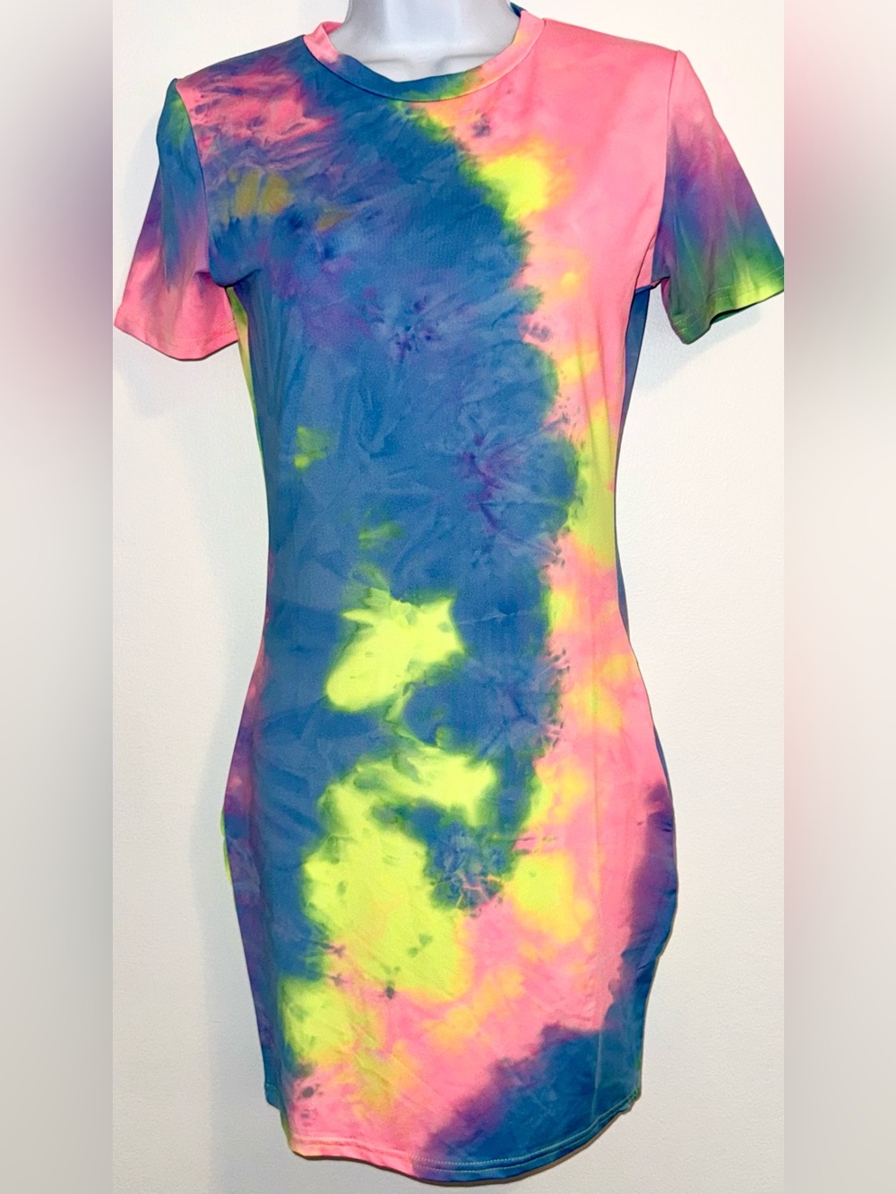 Tie-Dye Neon Bodycon Y2K Dress - Pink, Blue, Yellow